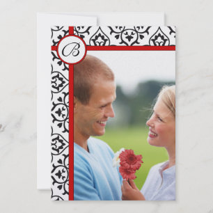 Elegant Damask Side Borders Red Trim Wedding Invitation