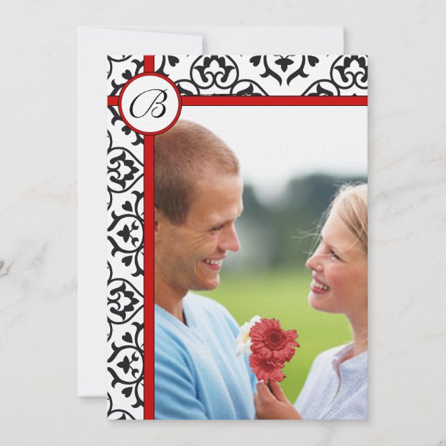 Elegant Damask Side Borders Red Trim Wedding Invitation (Front)