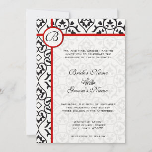 Elegant Damask Side Borders Red Trim Wedding Invitation