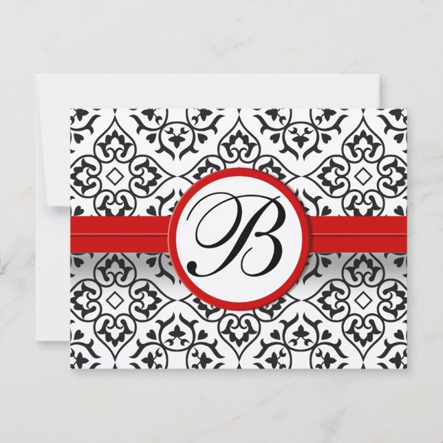 Elegant Damask Side Borders Red Trim Wedding RSVP (Front)