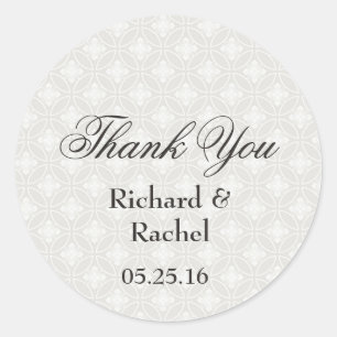 Elegant Damask Silver and White Thank You Classic Round Sticker