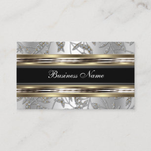 Elegant Damask Silver Pewter Chrome Metal Black Business Card