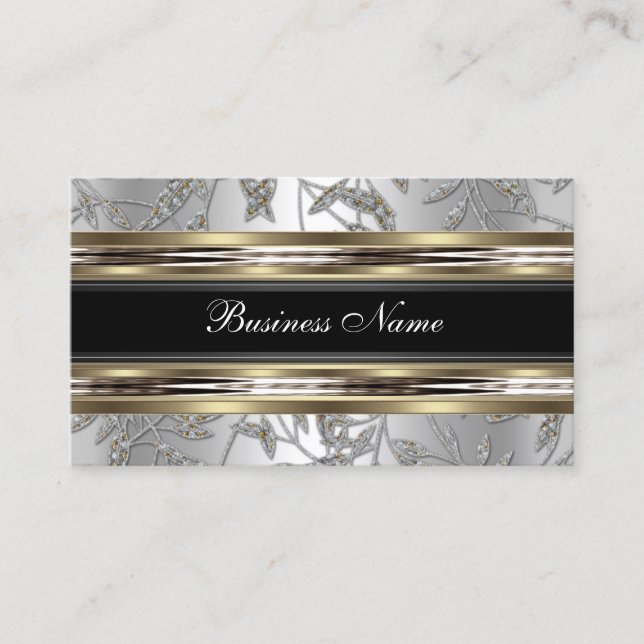 Elegant Damask Silver Pewter Chrome Metal Black Business Card (Front)