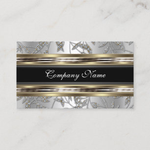 Elegant Damask Silver Pewter Chrome Metal Black Business Card