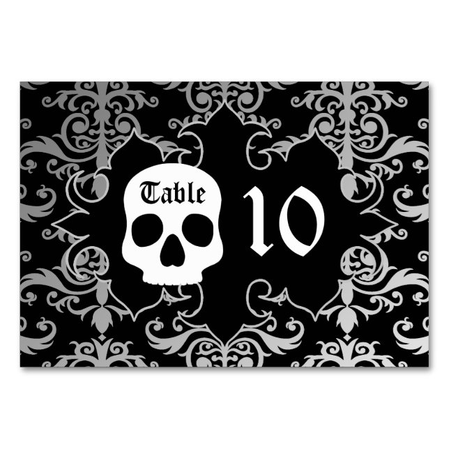 Elegant damask skull Halloween table number (Front)