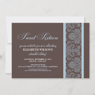 Elegant Damask Sweet 16 Birthday Invite (blue)