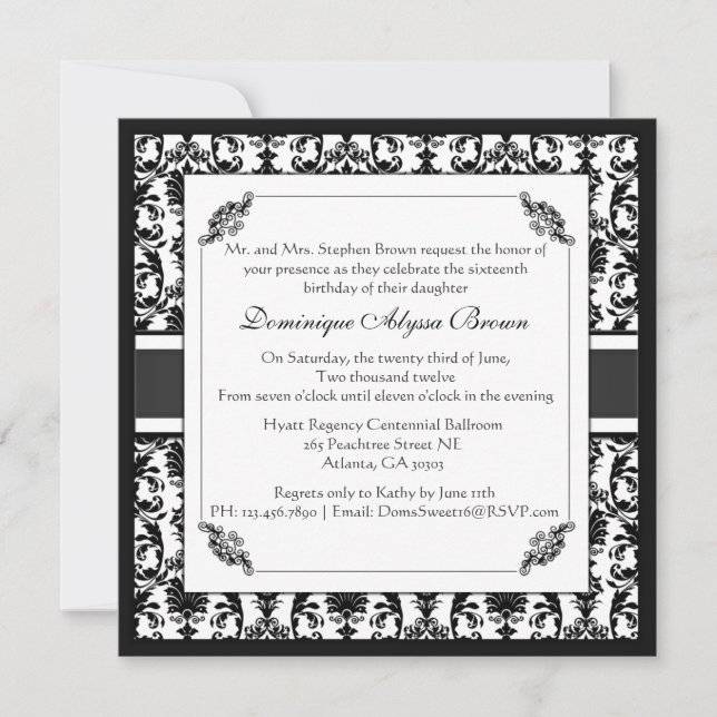 Elegant Damask Swirl Invite [Black and White] (Front)