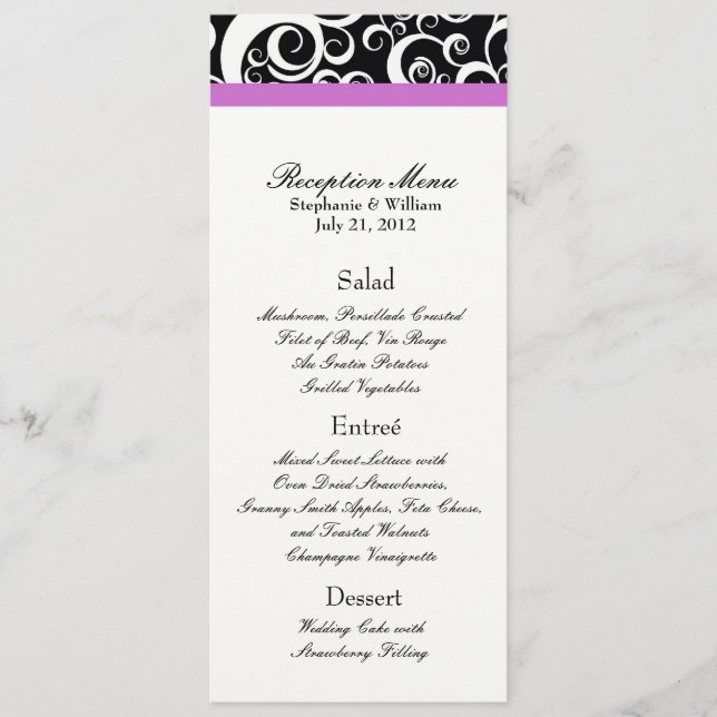 Elegant Damask Swirls Reception Menu in Purple (Front)