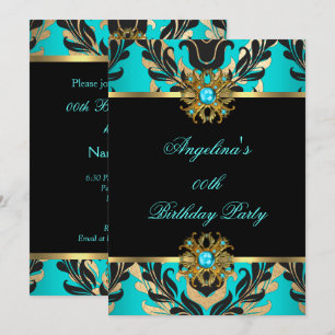 Elegant Damask Teal Blue Gold Black Birthday Party Invitation