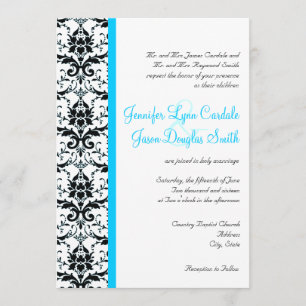 Elegant Damask Teal Blue Stripe Wedding Invitation