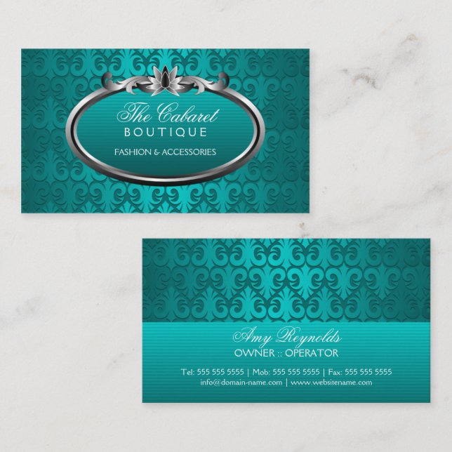 Elegant Damask Teal Silver Shimmer Business Card (Front/Back)