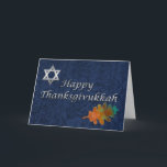 Elegant Damask Thanksgivukkah Custom Holiday Card<br><div class="desc">Beautiful custom Thanksgivukkah greeting card done in a blue on blue damask pattern,  with graphic artwork of a silver tone Star of David,  and a Fall leaf.  Silver tone graphic text,  on the front reads,  Happy Thanksgivukkah.  Personalise the text inside to read what you want.</div>