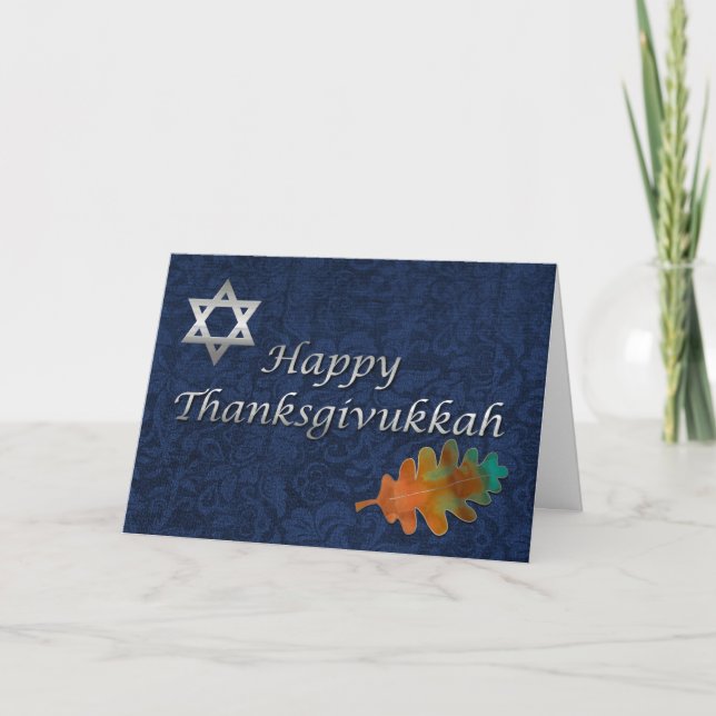Elegant Damask Thanksgivukkah Custom Holiday Card (Front)