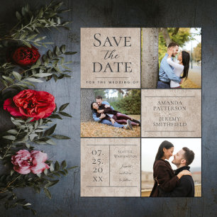 Elegant Damask Three Photo Collage Beige Save The Date