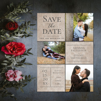 Elegant Damask Three Photo Collage | Beige Save The Date