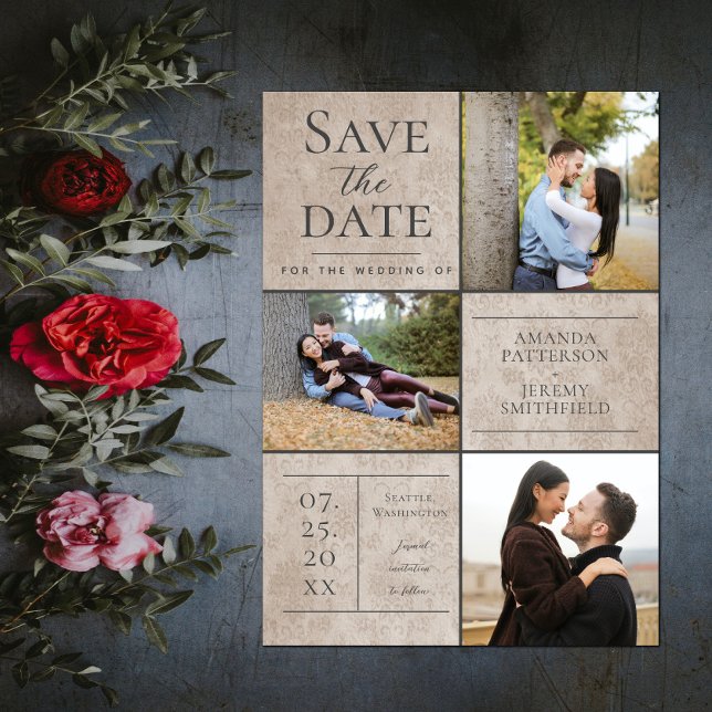 Elegant Damask Three Photo Collage | Beige Save The Date (Elegant Damask Three Photo Save the Date - Beige)