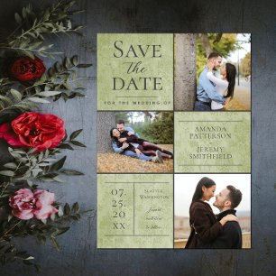 Elegant Damask Three Photo Collage Green Save The Date
