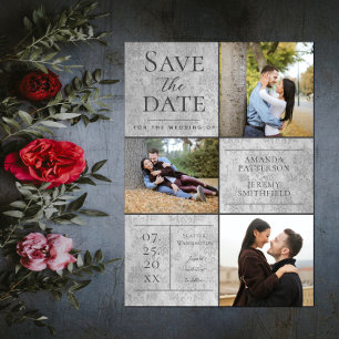 Elegant Damask Three Photo Collage Grey Save The Date