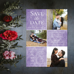Elegant Damask Three Photo Collage   Purple Save The Date