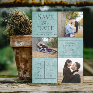 Elegant Damask Three Photo Collage Teal Save The Date