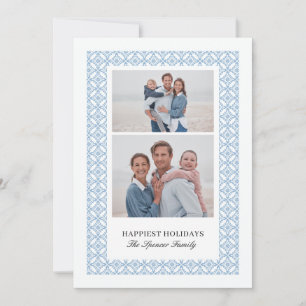 Elegant Damask Two Photo Christmas Blue Holiday Card