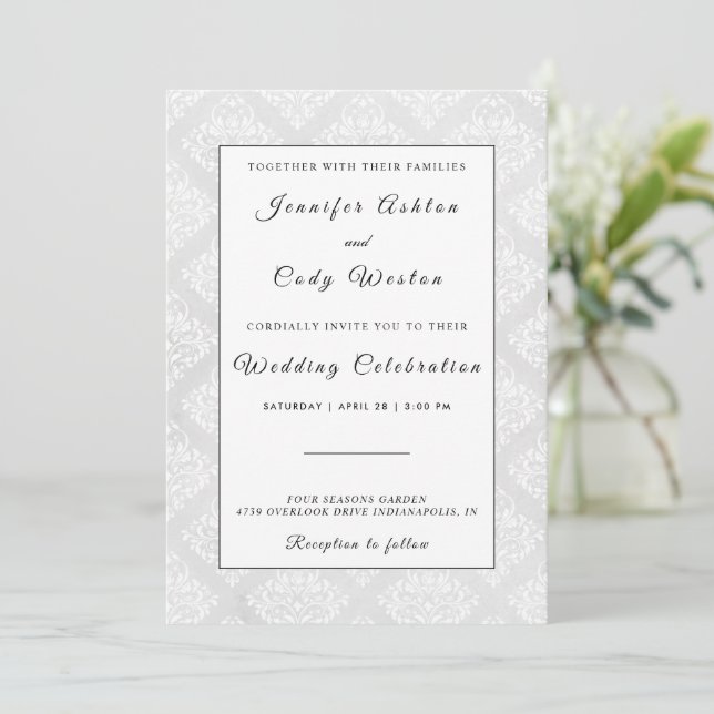 Elegant Damask White Wedding Invitation Card (Standing Front)