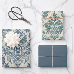 Elegant Damask Wrapping Paper Flat Sheet Set of 3
