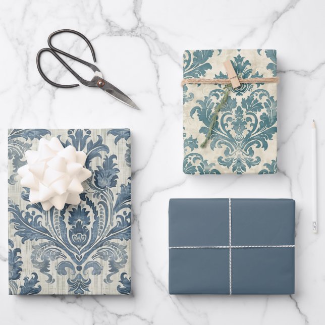 Elegant Damask Wrapping Paper Flat Sheet Set of 3 (Front)