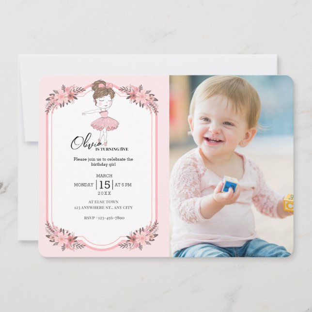 Elegant Dancer |Pink Floral Girl Birthday Party Invitation (Front)