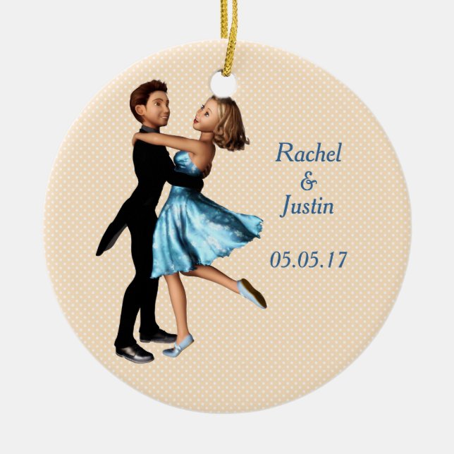 Elegant Dancers: Blue Silk Dress (Personalised) Ceramic Tree Decoration (Front)