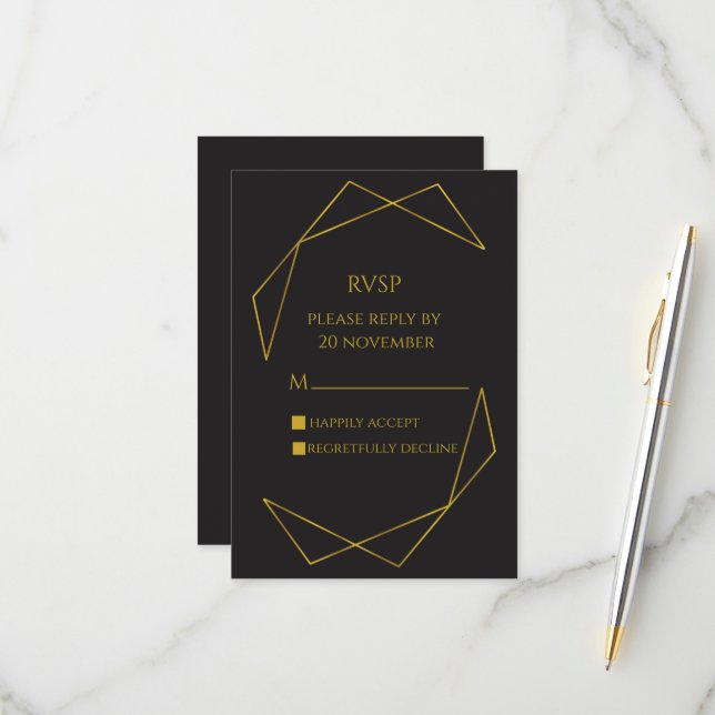 Elegant dark and gold RVSP RSVP Card (Front/Back In Situ)