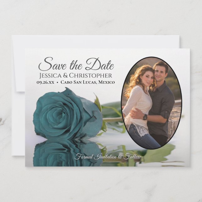 Elegant Dark Aqua Teal Rose Oval Photo Wedding Save The Date (Front)