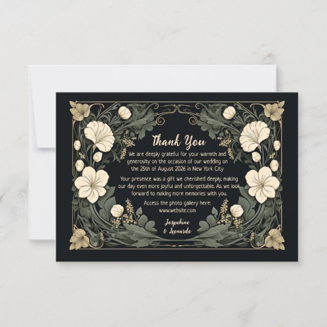 Elegant Dark Art Nouveau Floral Wedding Thank You  Card (Front)