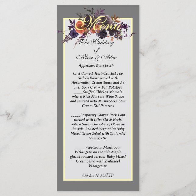 Elegant Dark Autumn Floral Grey  Menu (Front)