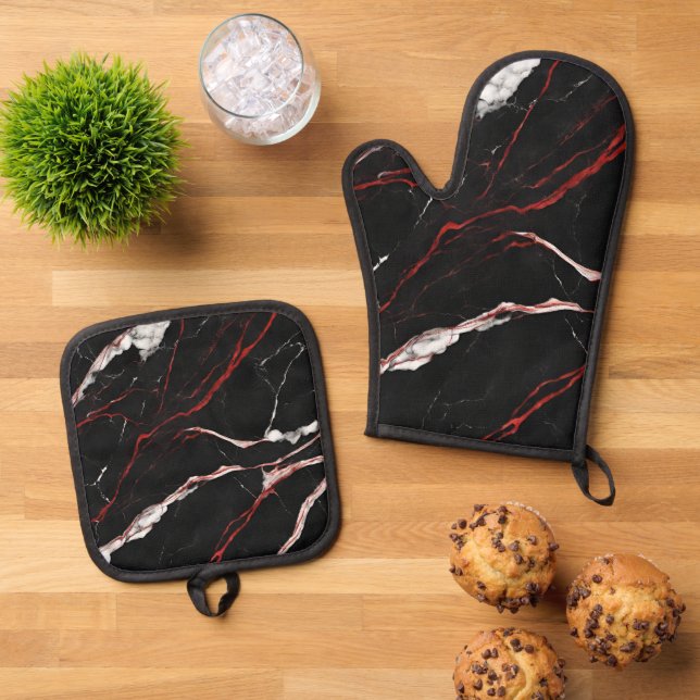 Elegant Dark Black Red Marble Oven Mitt & Pot Holder Set (Top Down)