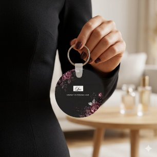 Elegant Dark Black Romantic Rose Floral Design Key Ring