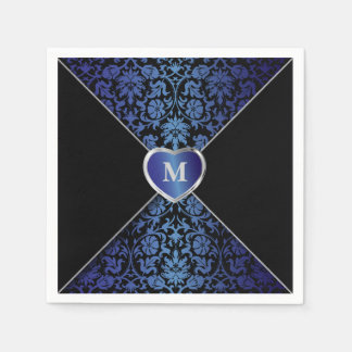 Elegant Dark Blue and Black Damask | Monogram Napkin