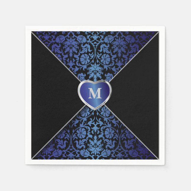 Elegant Dark Blue and Black Damask | Monogram Napkin (Front)