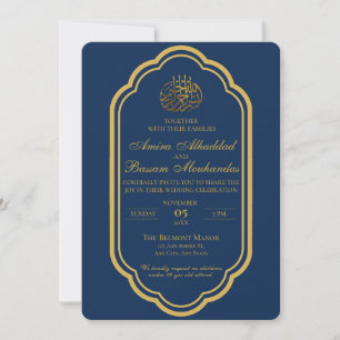 Elegant Dark Blue and Gold Islamic Wedding Invitation