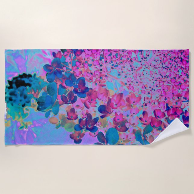 Elegant Dark Blue and Magenta Limelight Hydrangea Beach Towel (Front)