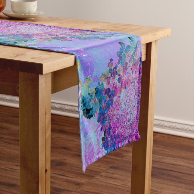 Elegant Dark Blue and Magenta Limelight Hydrangea Long Table Runner (In Situ)