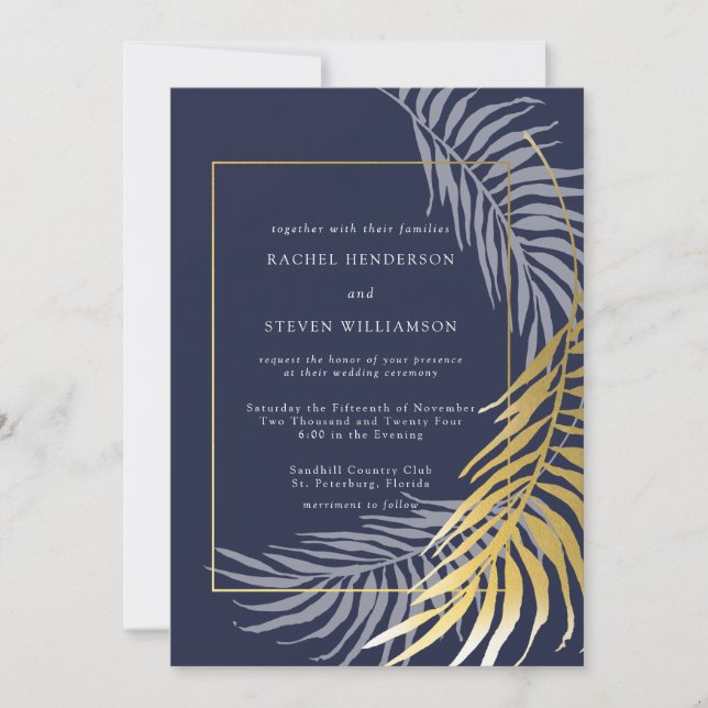 Elegant Dark Blue and White Tropical Wedding Invitation (Front)