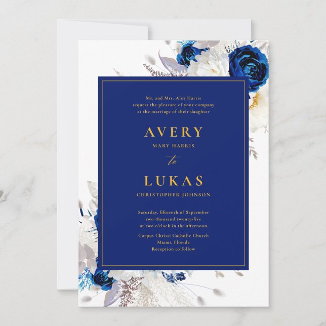 Elegant Dark Blue and Yellow Floral Wedding Invita Invitation (Front)