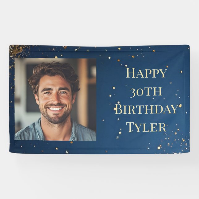 Elegant Dark Blue & Faux Gold Birthday  Banner (Horizontal)
