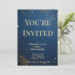 Elegant Dark Blue & Faux Gold Birthday Invitation