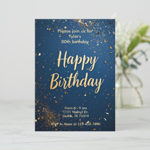 Elegant Dark Blue & Faux Gold Birthday Invitation