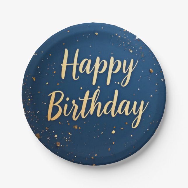 Elegant Dark Blue & Faux Gold Birthday  Paper Plate (Front)