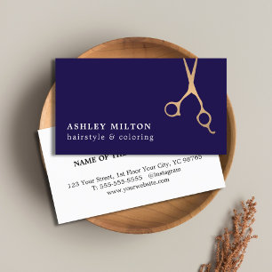 Elegant Dark Blue Faux Golden Scissors Hairstylist Business Card