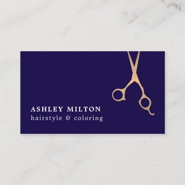 Elegant Dark Blue Faux Golden Scissors Hairstylist Business Card (Front)