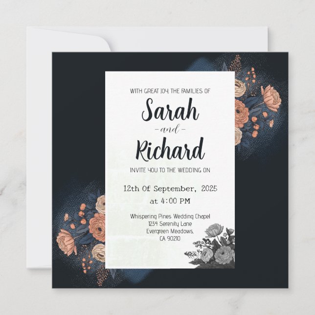 Elegant Dark Blue Floral Design with Peach Accents Invitation (Front)
